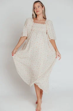 Best Worth Collective Melody Maxi Dress with Pleats and Bow Detail in Ivory Floral- Bump Fri