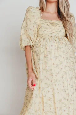 Sale Worth Collective Melody Maxi Dress with Pleats and Bow Detail in Yellow Floral - Bump F