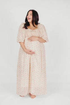 Best Worth Collective Melody Maxi Dress with Pleats and Bow Detail in Ivory Floral- Bump Fri