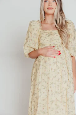 Sale Worth Collective Melody Maxi Dress with Pleats and Bow Detail in Yellow Floral - Bump F