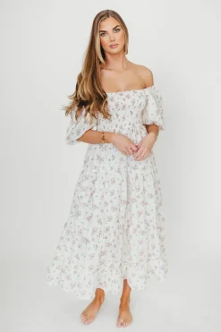 Best Worth Collective Mia Midi Dress in Ivory/Pink Floral