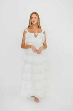 Discount Worth Collective Mikayla 100% Cotton Lace and Gauze Contrast Tiered Maxi Dress in Off-W