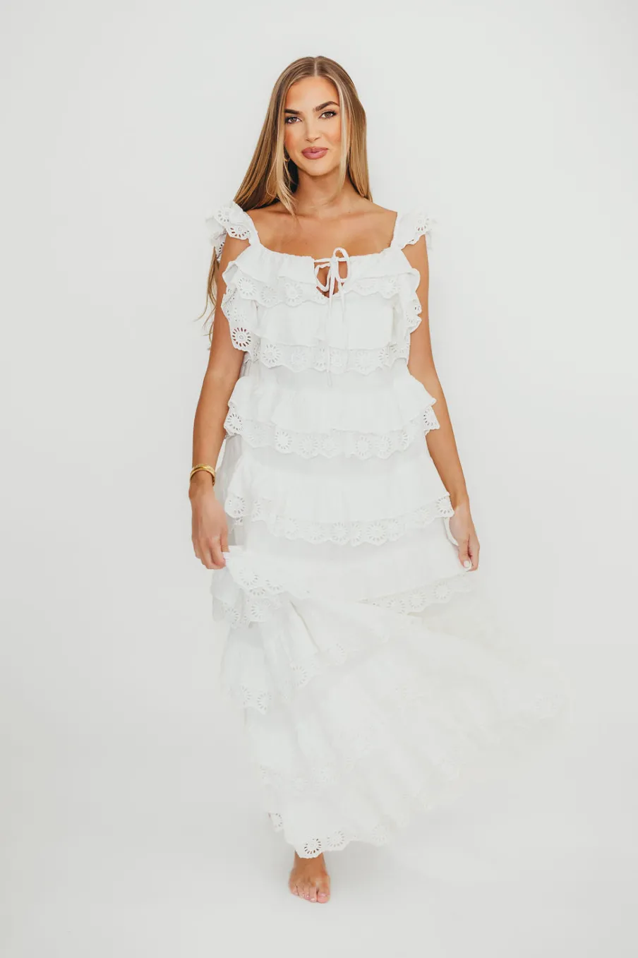 Discount Worth Collective Mikayla 100% Cotton Lace and Gauze Contrast Tiered Maxi Dress in Off-W