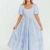 Outlet Worth Collective Milana 100% Cotton Puffed Sleeve Midi Dress in Baby Blue