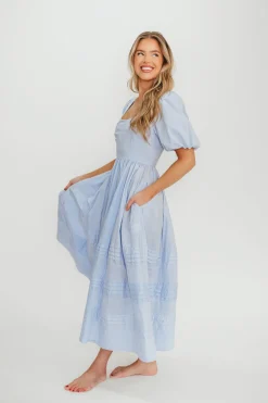 Outlet Worth Collective Milana 100% Cotton Puffed Sleeve Midi Dress in Baby Blue