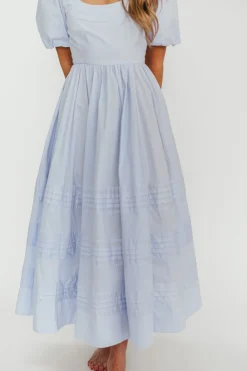 Outlet Worth Collective Milana 100% Cotton Puffed Sleeve Midi Dress in Baby Blue