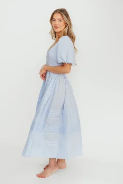 Outlet Worth Collective Milana 100% Cotton Puffed Sleeve Midi Dress in Baby Blue