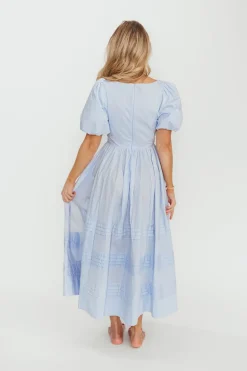 Outlet Worth Collective Milana 100% Cotton Puffed Sleeve Midi Dress in Baby Blue