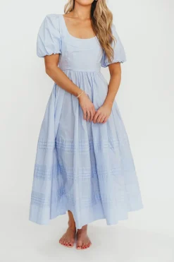 Outlet Worth Collective Milana 100% Cotton Puffed Sleeve Midi Dress in Baby Blue