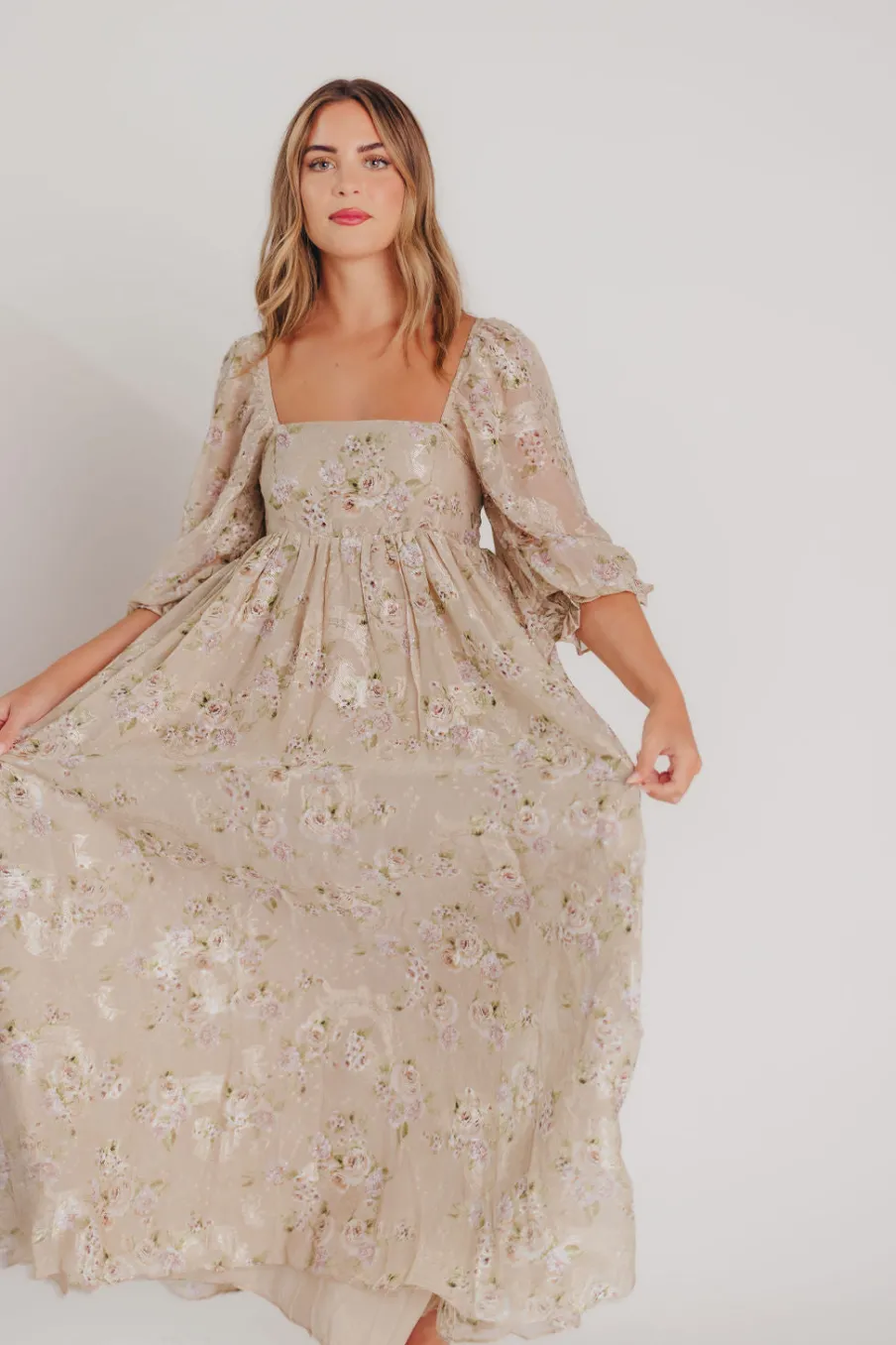Fashion Worth Collective Mona Maxi Dress in Beige/Brown Floral (Restocking in Early August)