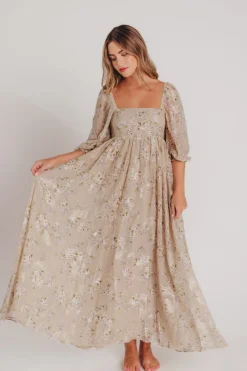 Fashion Worth Collective Mona Maxi Dress in Beige/Brown Floral (Restocking in Early August)