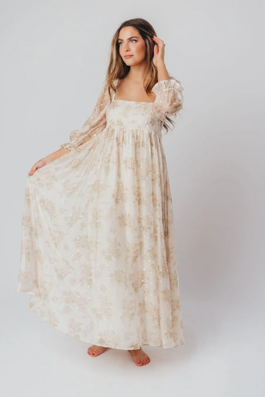 Fashion Worth Collective Mona Maxi Dress with Smocking in Cream Floral - Bump Friendly & Inclus