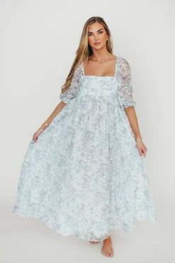 Online Worth Collective Mona Maxi Dress with Smocking in Blue White - Bump Friendly & Inclusiv