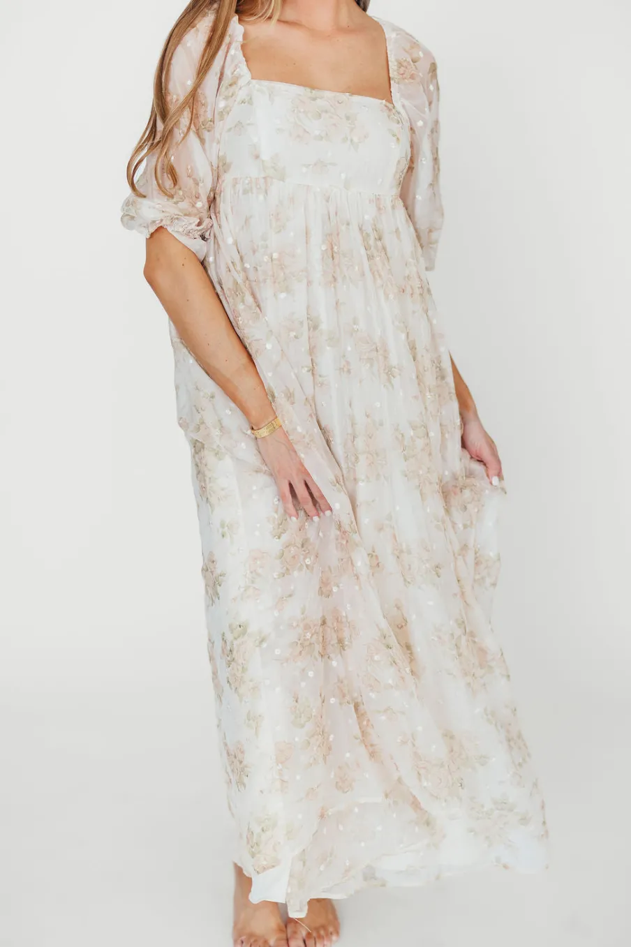 Fashion Worth Collective Mona Maxi Dress with Smocking in Cream Floral - Bump Friendly & Inclus