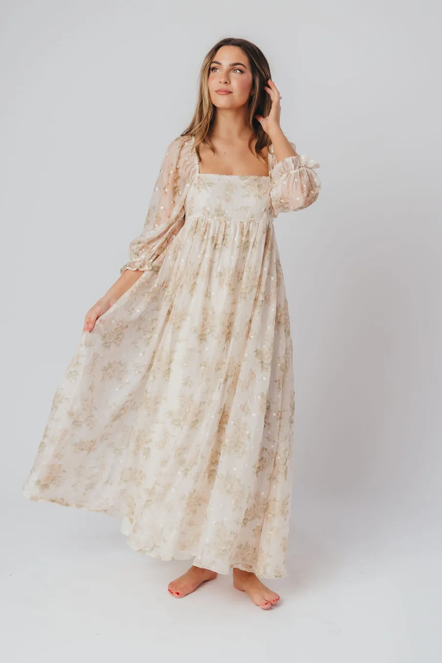 Fashion Worth Collective Mona Maxi Dress with Smocking in Cream Floral - Bump Friendly & Inclus