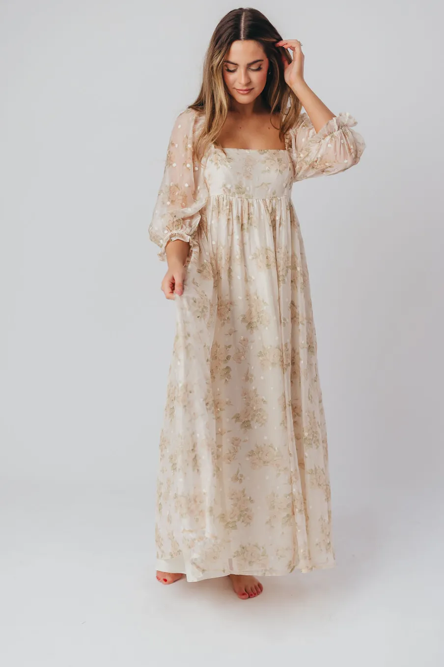 Fashion Worth Collective Mona Maxi Dress with Smocking in Cream Floral - Bump Friendly & Inclus