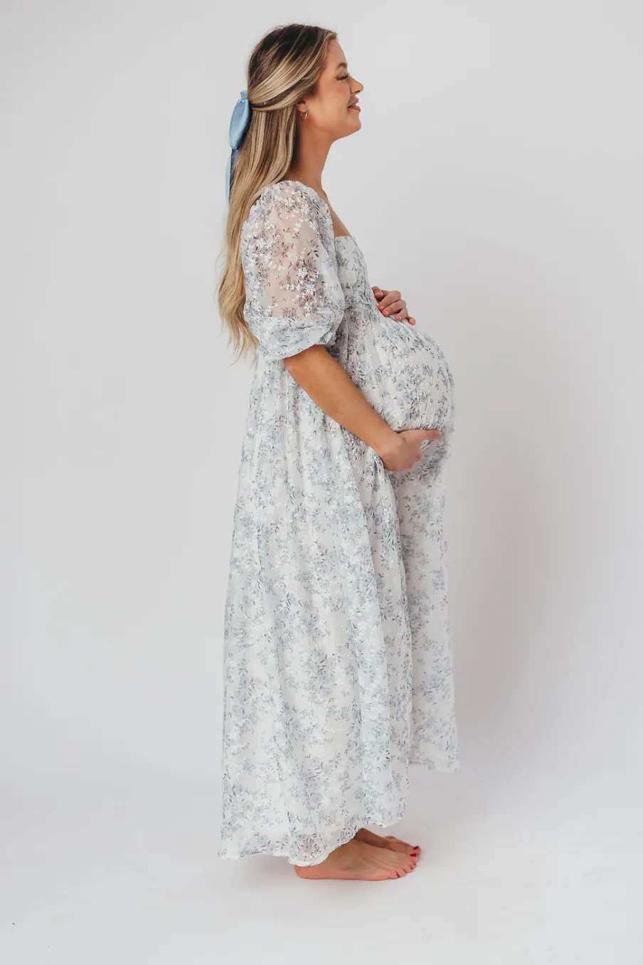 Online Worth Collective Mona Maxi Dress with Smocking in Blue White - Bump Friendly & Inclusiv