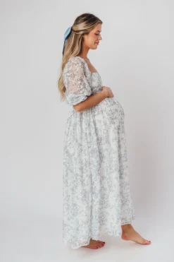Online Worth Collective Mona Maxi Dress with Smocking in Blue White - Bump Friendly & Inclusiv