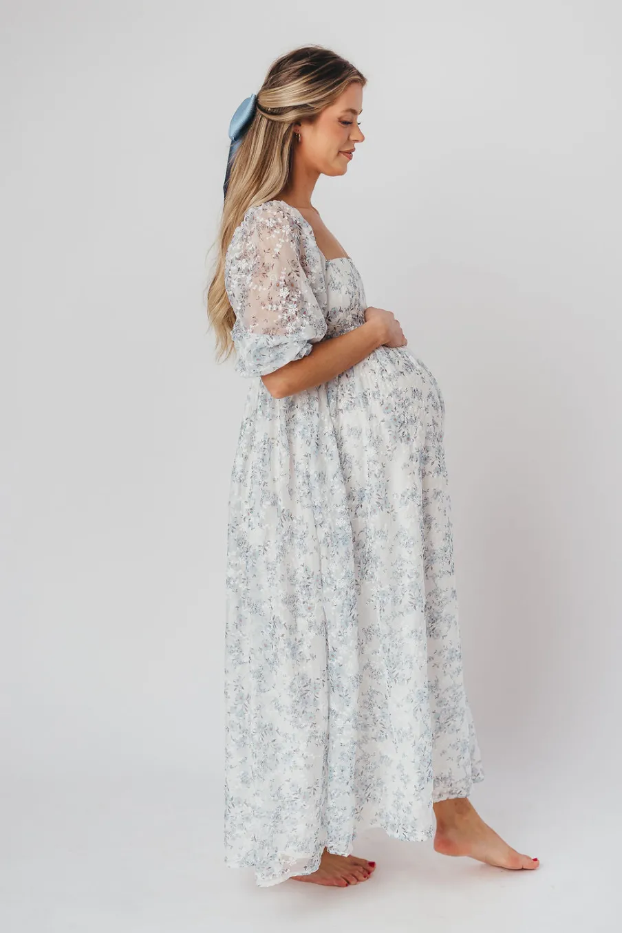 Online Worth Collective Mona Maxi Dress with Smocking in Blue White - Bump Friendly & Inclusiv