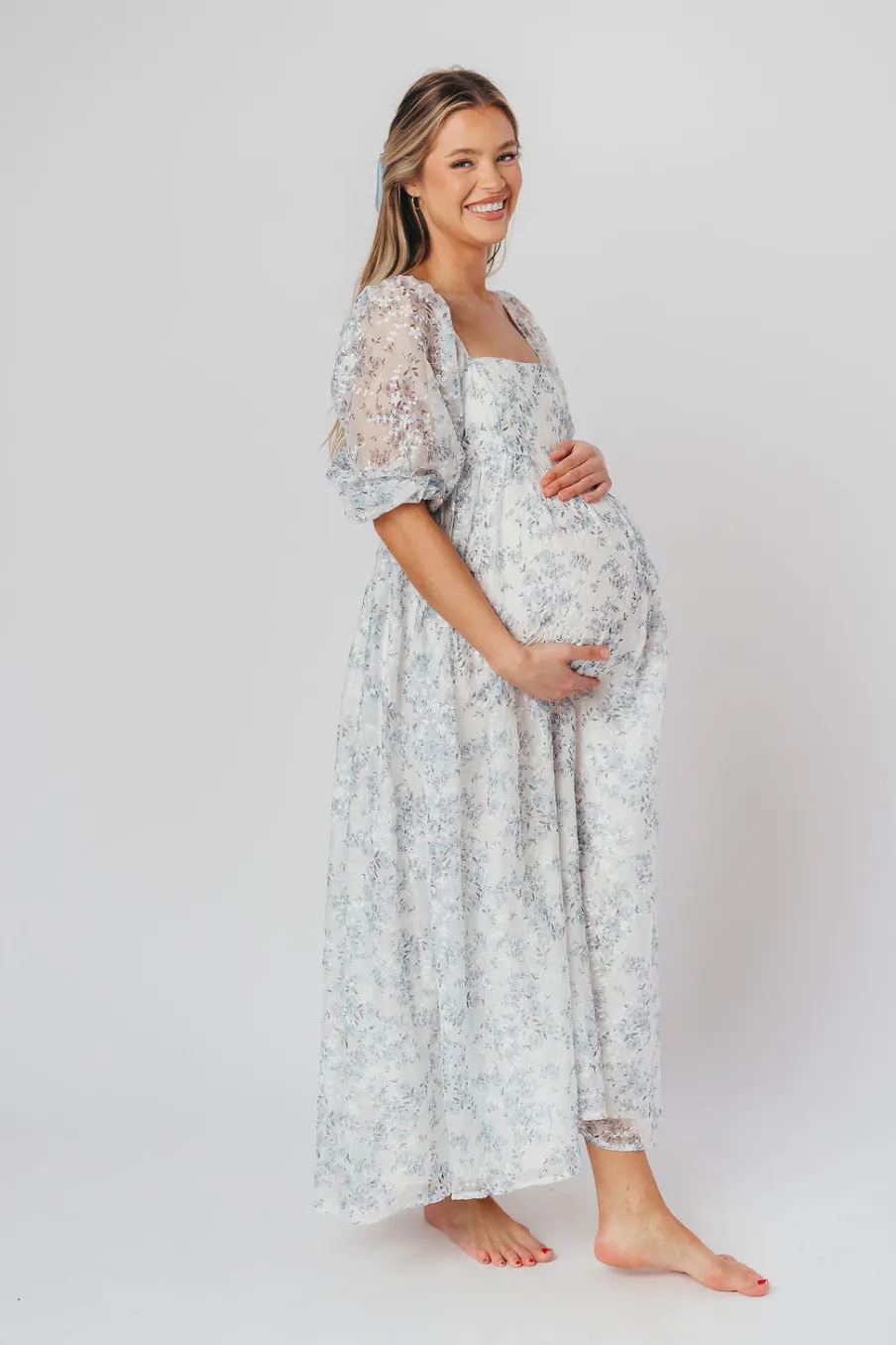 Online Worth Collective Mona Maxi Dress with Smocking in Blue White - Bump Friendly & Inclusiv