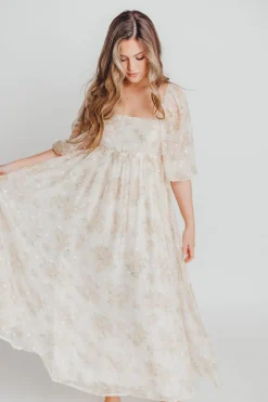 Fashion Worth Collective Mona Maxi Dress with Smocking in Cream Floral - Bump Friendly & Inclus