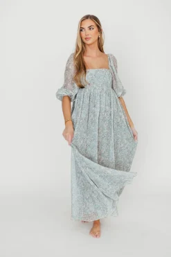 New Worth Collective Mona Maxi Dress with Smocking in Sage Green Floral - Bump Friendly & I