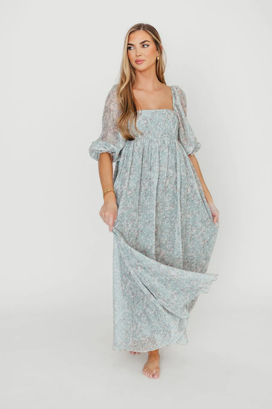 New Worth Collective Mona Maxi Dress with Smocking in Sage Green Floral - Bump Friendly & I