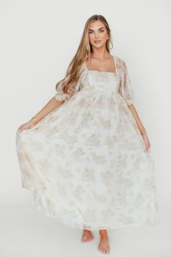 Fashion Worth Collective Mona Maxi Dress with Smocking in Cream Floral - Bump Friendly & Inclus