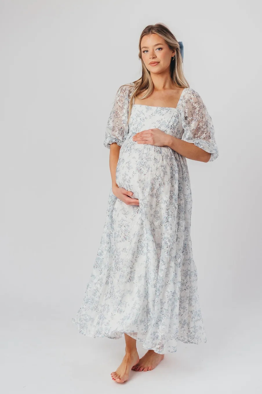 Online Worth Collective Mona Maxi Dress with Smocking in Blue White - Bump Friendly & Inclusiv