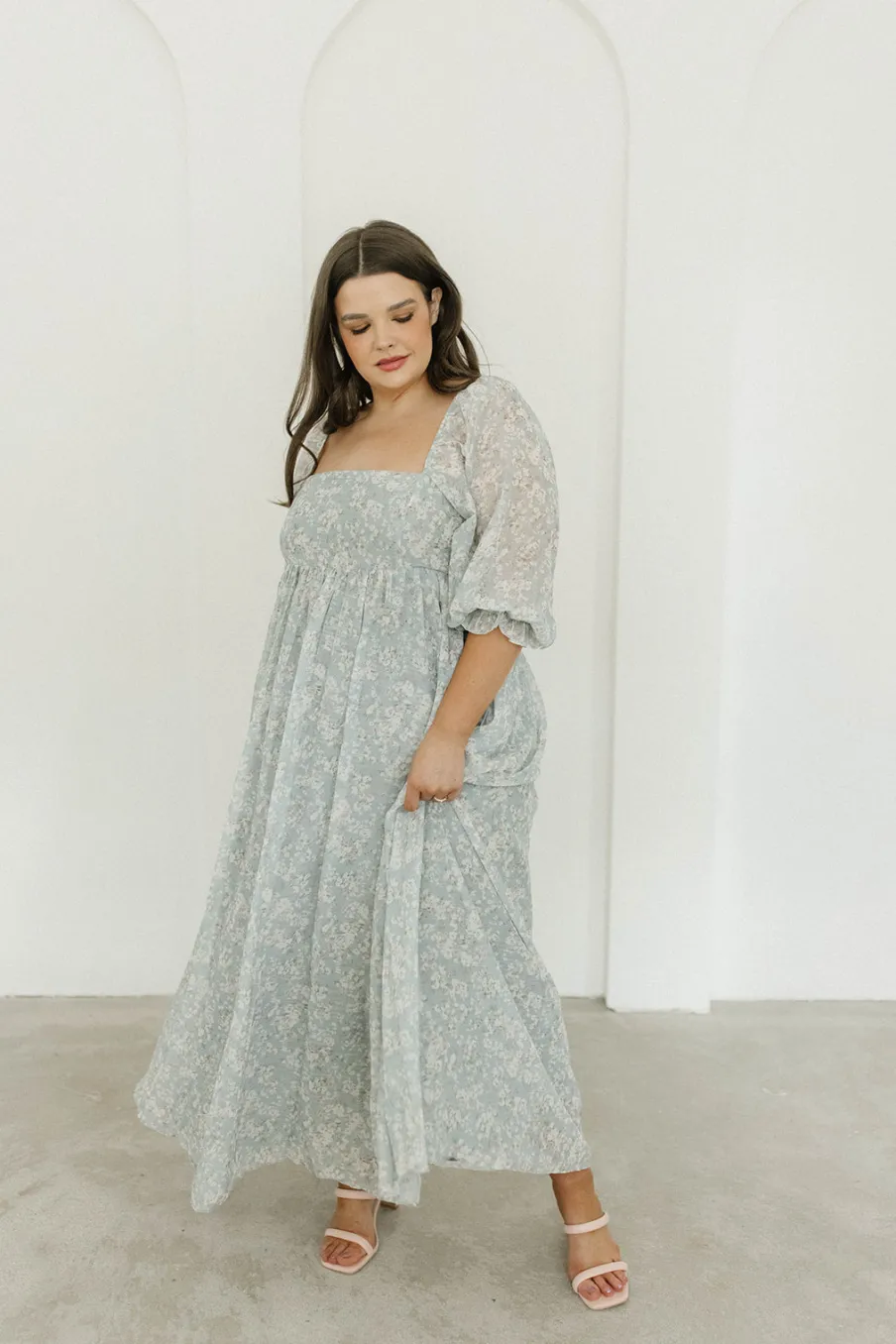 New Worth Collective Mona Maxi Dress with Smocking in Sage Green Floral - Bump Friendly & I