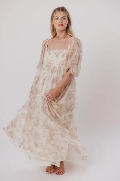 Fashion Worth Collective Mona Maxi Dress with Smocking in Cream Floral - Bump Friendly & Inclus