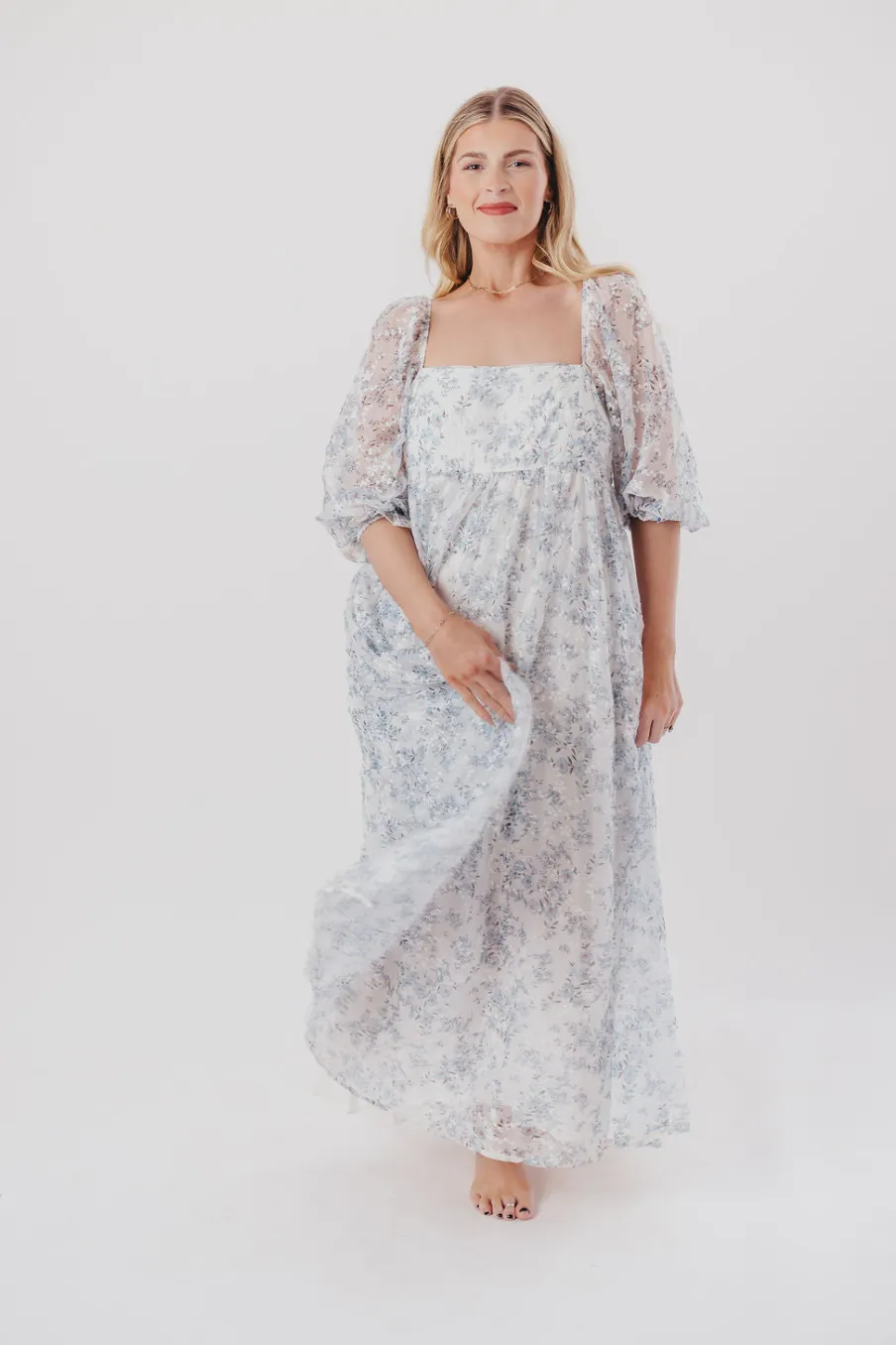 Online Worth Collective Mona Maxi Dress with Smocking in Blue White - Bump Friendly & Inclusiv
