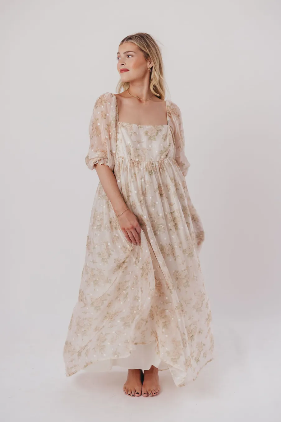 Fashion Worth Collective Mona Maxi Dress with Smocking in Cream Floral - Bump Friendly & Inclus