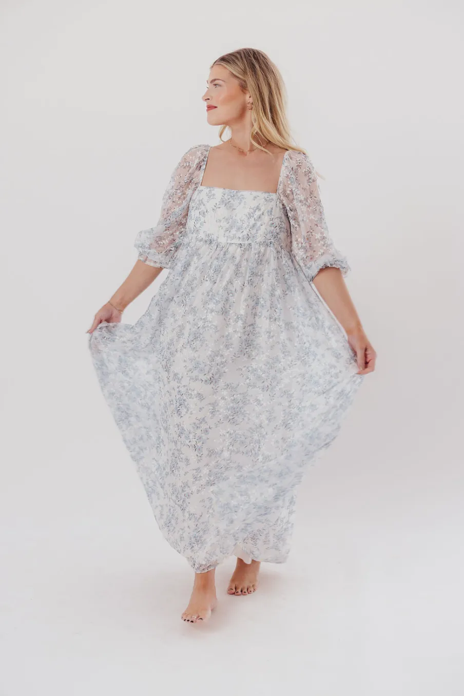 Online Worth Collective Mona Maxi Dress with Smocking in Blue White - Bump Friendly & Inclusiv