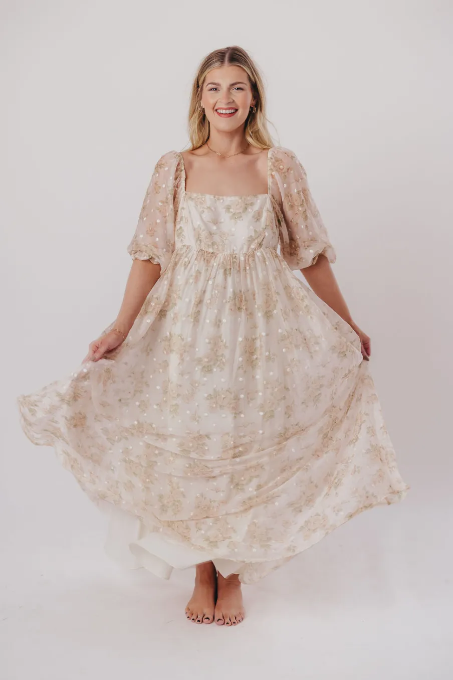 Fashion Worth Collective Mona Maxi Dress with Smocking in Cream Floral - Bump Friendly & Inclus