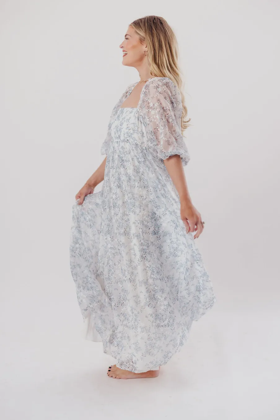Online Worth Collective Mona Maxi Dress with Smocking in Blue White - Bump Friendly & Inclusiv