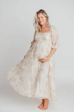 Fashion Worth Collective Mona Maxi Dress with Smocking in Cream Floral - Bump Friendly & Inclus