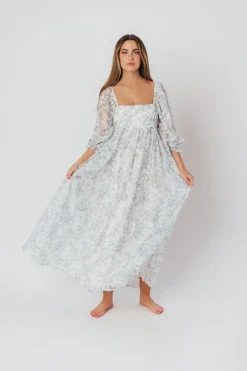 Online Worth Collective Mona Maxi Dress with Smocking in Blue White - Bump Friendly & Inclusiv