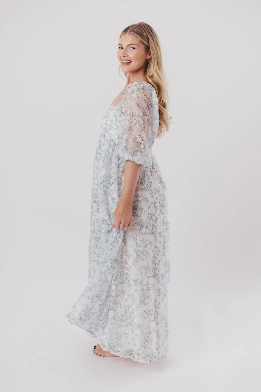 Online Worth Collective Mona Maxi Dress with Smocking in Blue White - Bump Friendly & Inclusiv