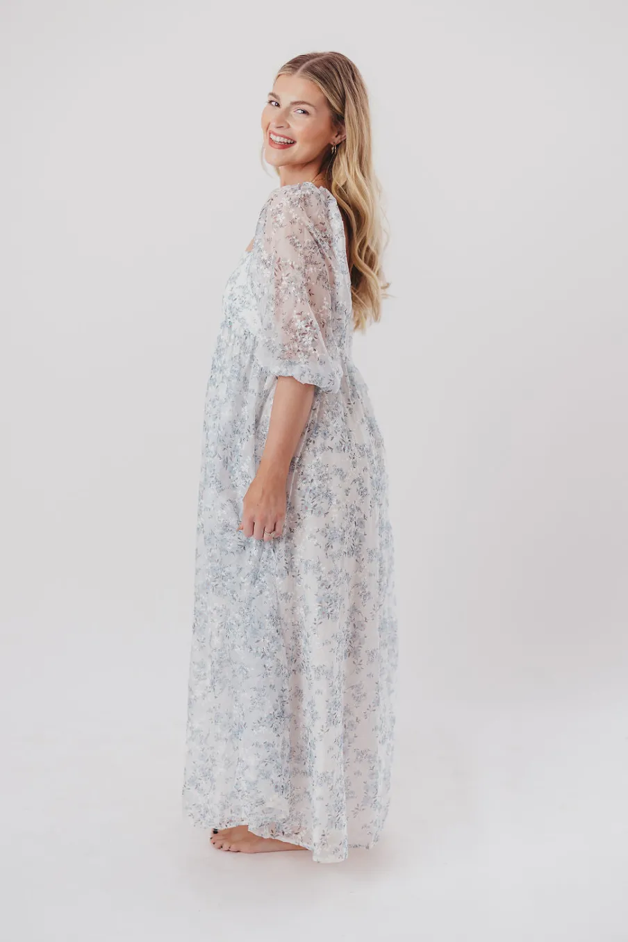 Online Worth Collective Mona Maxi Dress with Smocking in Blue White - Bump Friendly & Inclusiv