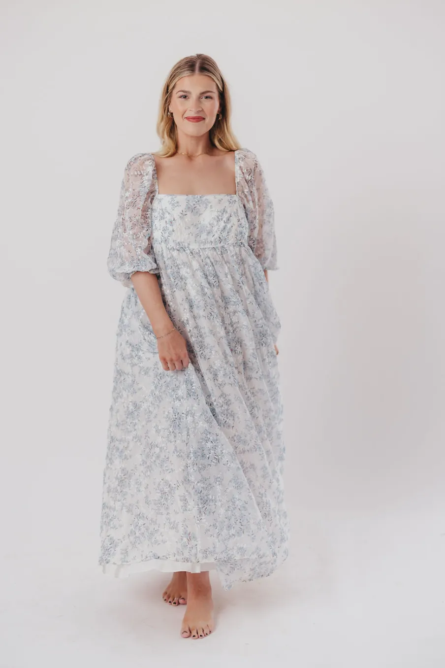 Online Worth Collective Mona Maxi Dress with Smocking in Blue White - Bump Friendly & Inclusiv