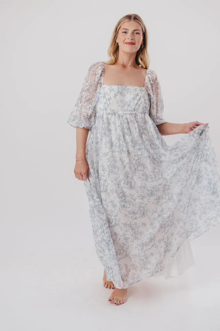 Online Worth Collective Mona Maxi Dress with Smocking in Blue White - Bump Friendly & Inclusiv