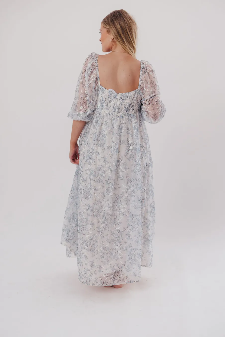 Online Worth Collective Mona Maxi Dress with Smocking in Blue White - Bump Friendly & Inclusiv