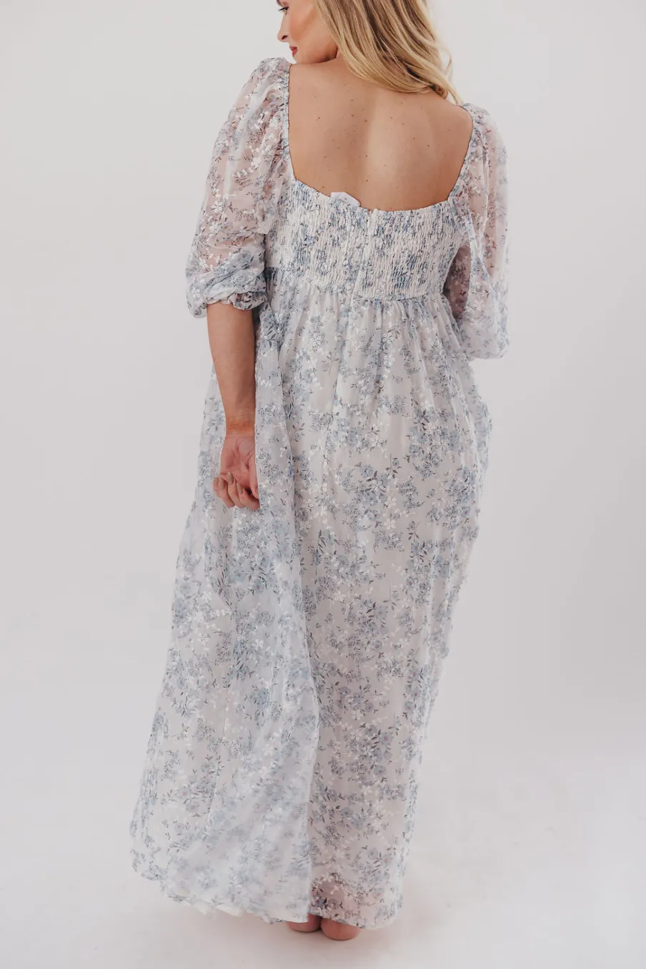 Online Worth Collective Mona Maxi Dress with Smocking in Blue White - Bump Friendly & Inclusiv