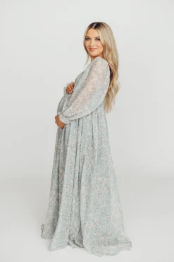 New Worth Collective Mona Maxi Dress with Smocking in Sage Green Floral - Bump Friendly & I