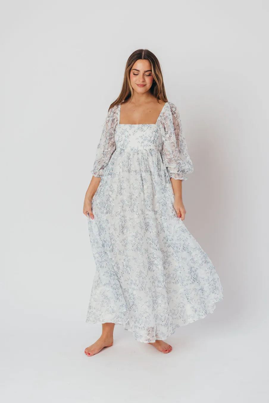 Online Worth Collective Mona Maxi Dress with Smocking in Blue White - Bump Friendly & Inclusiv