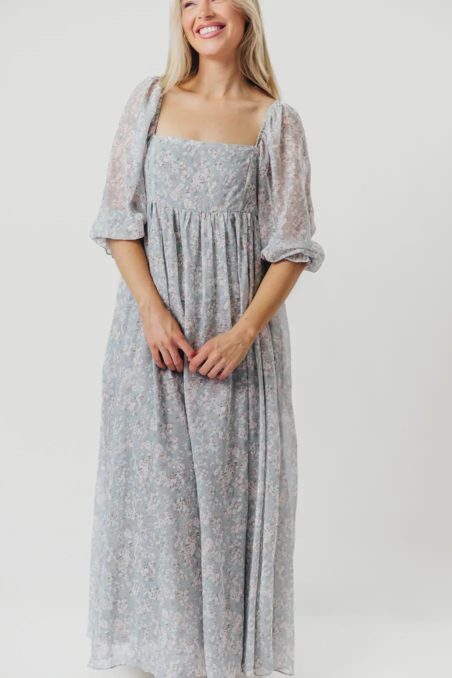 New Worth Collective Mona Maxi Dress with Smocking in Sage Green Floral - Bump Friendly & I