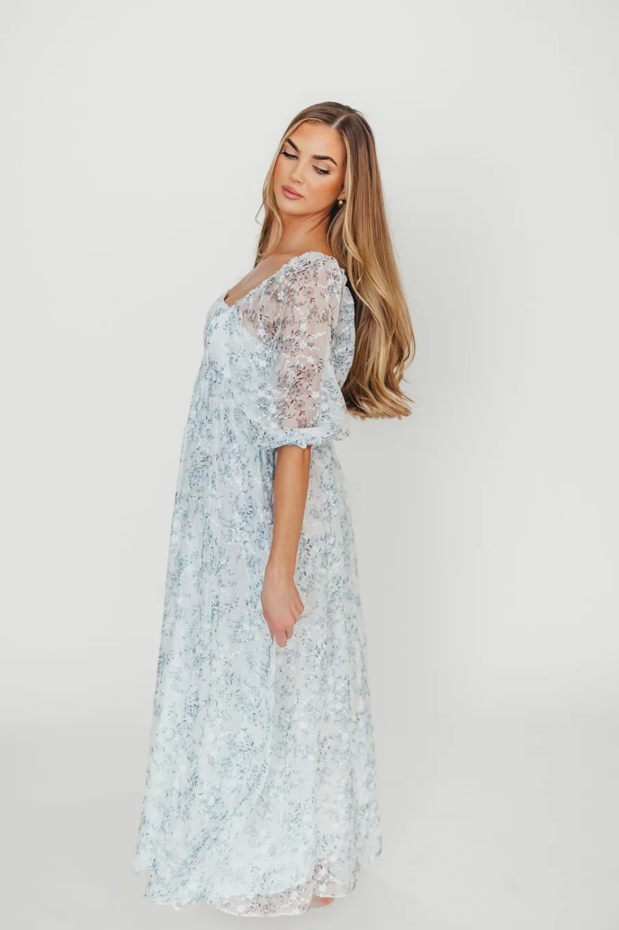 Online Worth Collective Mona Maxi Dress with Smocking in Blue White - Bump Friendly & Inclusiv