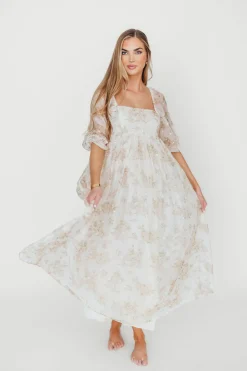 Fashion Worth Collective Mona Maxi Dress with Smocking in Cream Floral - Bump Friendly & Inclus