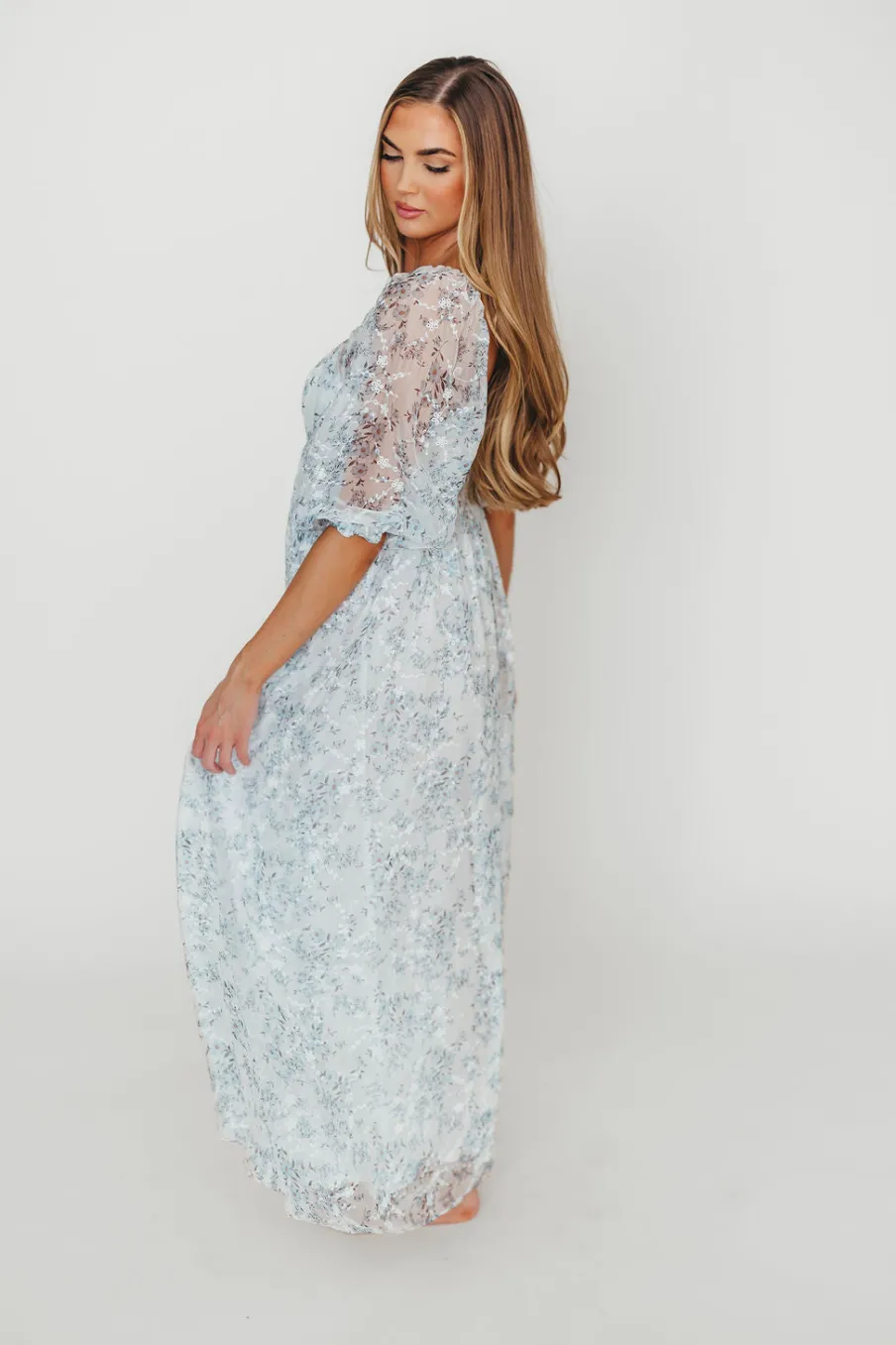 Online Worth Collective Mona Maxi Dress with Smocking in Blue White - Bump Friendly & Inclusiv